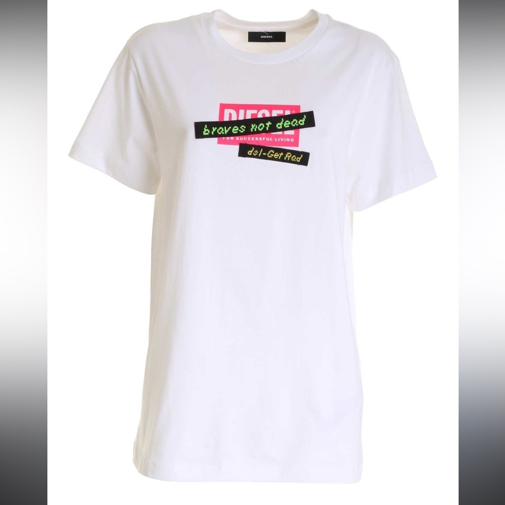 Diesel White Tee with Bold Graphic “Braves Not Dead” Unisex Size M